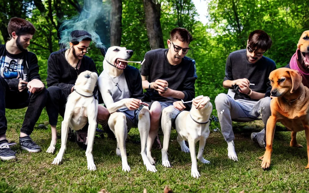Image similar to group - of - humanoid - dog - friends - smoking - rolled - joint - outside photo