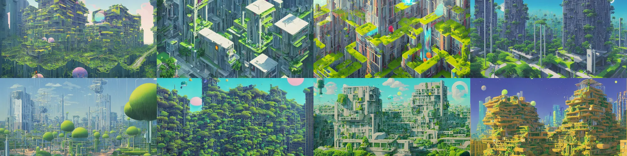 Image similar to oil painting of lush solarpunk brutalist building in a stunning landscape by chiho aoshima and david aja and beeple and kilian eng, highly detailed, cgsociety, artstation, minimalist, isometric