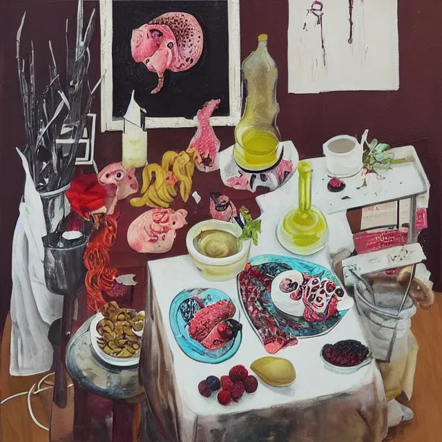 Prompt: “ a portrait in a female art student ’ s apartment, sensual, a pig theme, pork, art supplies, surgical iv bag, octopus, ikebana, herbs, a candle dripping white wax, japanese pottery, squashed berries, berry juice drips, acrylic and spray paint and oilstick on canvas, surrealism, neoexpressionism ”