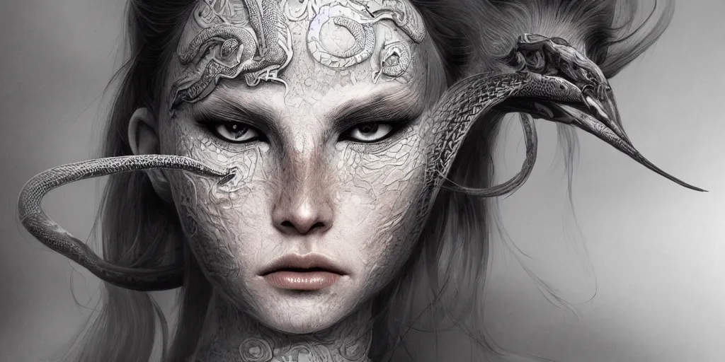 Prompt: hyperrealistic photography of a highly detailed and symmetrical gorgeous nordic female with snake eyes in the style of jin kagetsu, james jean and wlop, highly detailed, face symmetry, highly realistic hands, masterpiece, award - winning, sharp focus, intricate concept art, ambient lighting, 8 k, artstation