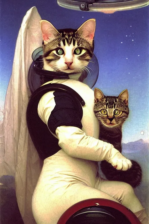 Image similar to portrait of a cat astronaut with spacesuit and helmet, majestic, solemn, by bouguereau