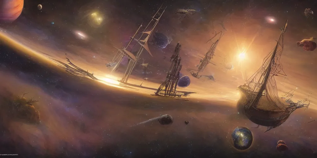 Prompt: Photorealistic epic science fiction painting of one solitary flying tall ship in space, flying past galaxies, by Rodney Matthews and Roger Dean. spelljammer, photorealism, UHD, amazing depth, glowing, golden ratio, 3D octane cycle unreal engine 5, volumetric lighting, cinematic lighting, cgstation artstation concept art