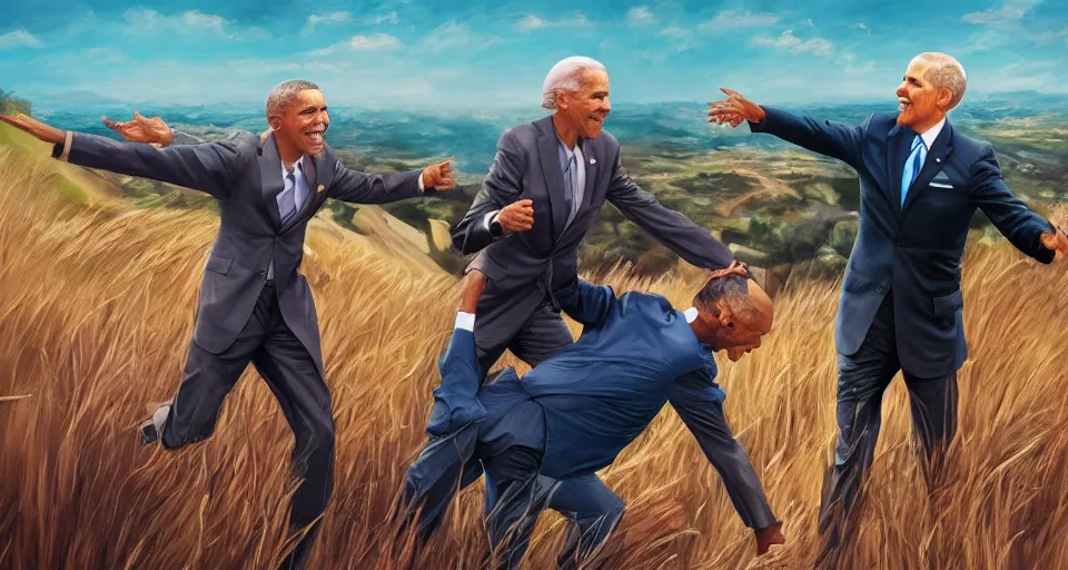 Image similar to a painting of Obama and Joe biden on a hill, a screenshot by Zack Snyder, behance contest winner, afrofuturism, concert poster, behance hd, movie poster,