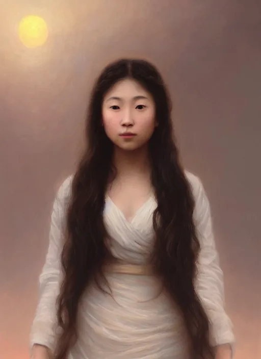 Prompt: oil painting close up portrait of a contemplative young asian woman with long dark flowing hair in a dress made of white roses!! at sunset, hazy, digital art, chiaroscuro, artstation, cinematic, golden hour, digital art painting by greg rutkowski, william - adolphe bouguereau, hazy atmosphere, cinematic lighting