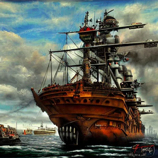 Prompt: giant warship and planes, diesel punk, realistic and detailed painting, by paul roman martinez