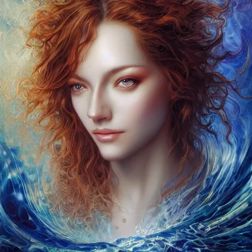 Prompt: a beautiful fractal manipulating water by karol bak, ayami kojima, artgerm, river, water, blue eyes, smile, concept art, fantasy