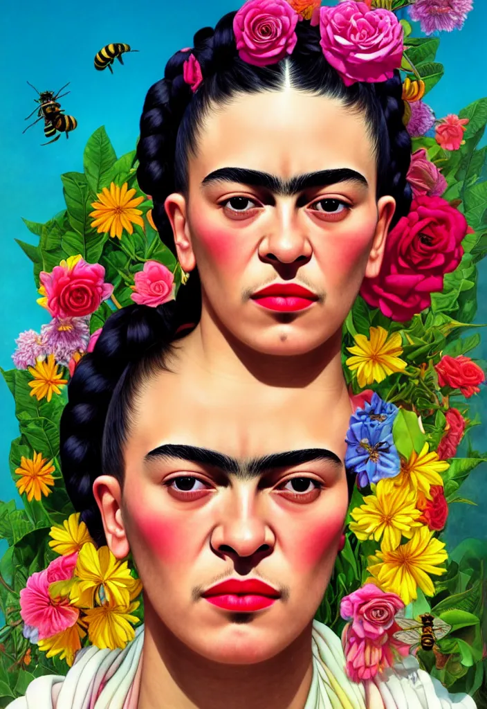Prompt: young beautiful frida kahlo, gorgeous face, vaporwave aesthetic, synthwave, colorful, psychedelic, artstation, flowers, bees, ribbons, concept art, smooth, extremely sharp detail, finely tuned detail, 8 k, unreal engine 5, ultra sharp focus, illustration, art by artgerm and greg rutkowski and alphonse mucha