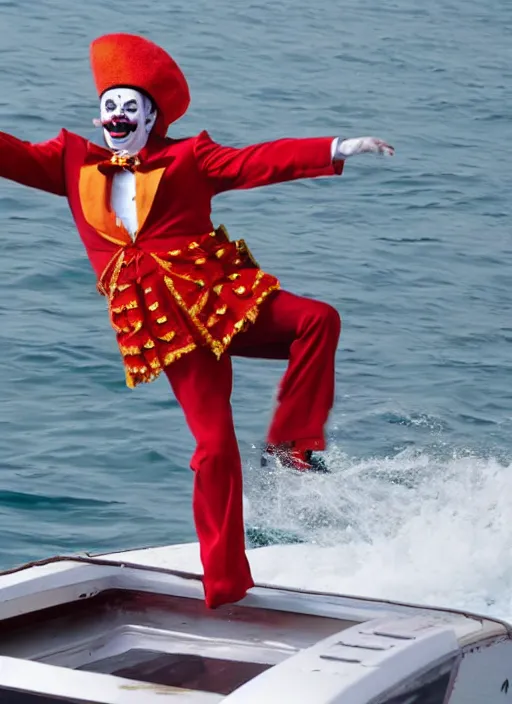 Image similar to 8 0 mm vladamir putin dressed as a clown falling off a boat 4 k, full body,