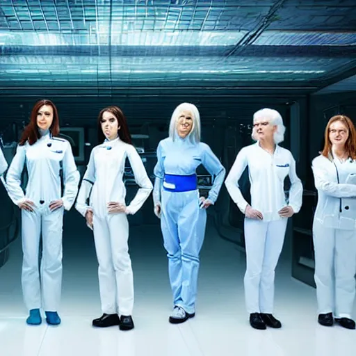 Image similar to line of six women of varying heights and body shapes, white hair, tight light blue neopren space uniforms, futuristic chemistry lab, sci - fi, highly detailed, cinematic