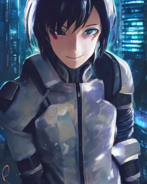 Image similar to portrait of anime girl in mechanic armor in night tokyo by makoto sinkai, my hero academia,cyberpunk, greg rutkowski, perfect face, fine details