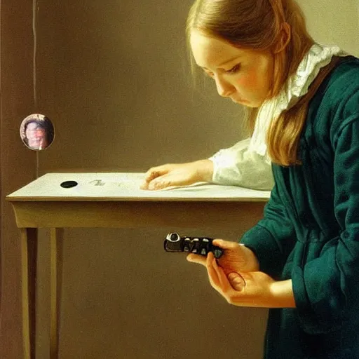 Image similar to A conceptual art. A rip in spacetime. Did this device in her hand open a portal to another dimension or reality?! photorealism by Albrecht Anker, by Cory Arcangel, by Eric Fischl saturated, hyperdetailed