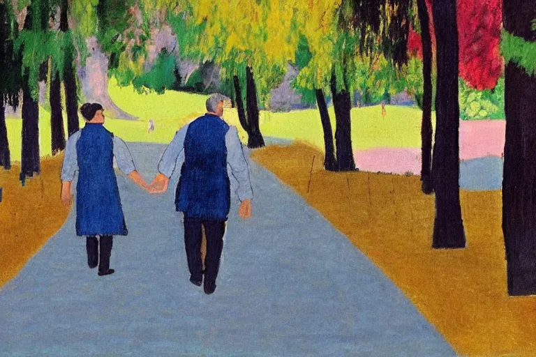 Image similar to a very tall man named John with dark hair holding the hands of a short young boy named Alex with dark hair as they walk in a park on a bright beautiful colorful day. part in the style of an edgar degas painting. part in the style of david hockney