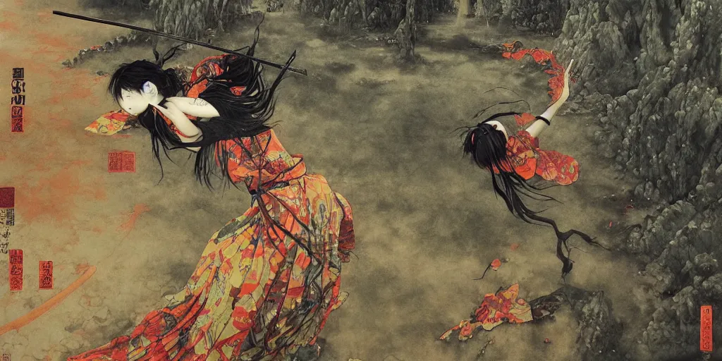 Image similar to Japanese schoolgirl runs away from Samurai with a katana on the subway, high detailed Beksinski painting, part by Adrian Ghenie and Gerhard Richter. art by Takato Yamamoto. deep colours