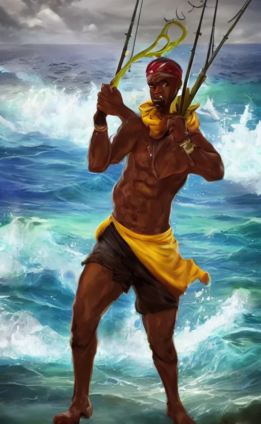 Prompt: character concept of a singular Jamaican man wearing jamaican clothing and holding a fishing-rod weapon and posing in a battle stance in the Jamaican sea by Ross Tran, style of League of Legends