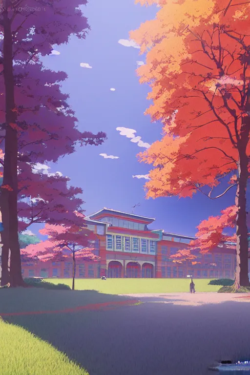 Image similar to a colorful high school building with beautiful trees, morning, by studio ghibli painting, superior quality, masterpiece, traditional Japanese colors, by Grzegorz Rutkowski, concept art