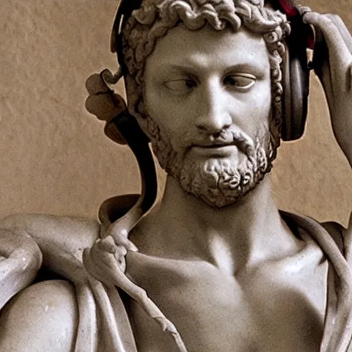 Image similar to A photo of Michelangelo’s sculpture of David wearing headphones DJing