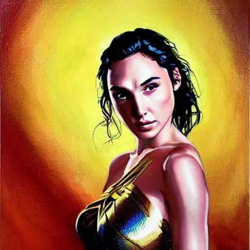 Prompt: painting of Gal Gadot in the style of Golden Rain Painting by Leon Francois Comerre