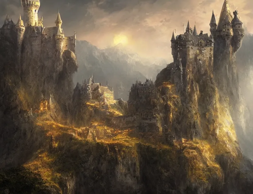 Prompt: High Fantasy solitary Castle!! Yellow roofs. Joyful matte painting by Darek Zabrocki and Emmanuel Shiu, 4k ultra detailed, great composition cinematic.