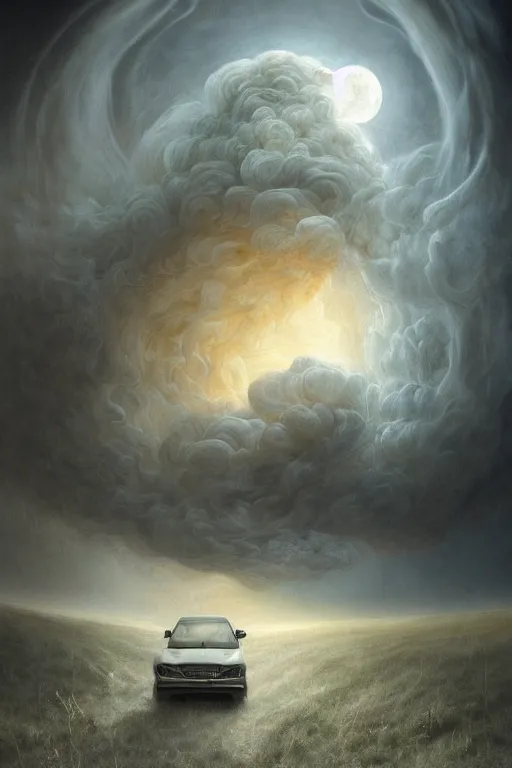 Prompt: Intricate stunning highly detailed old FIAT 600 White Classic by agostino arrivabene and Vladimir Kush, surreal, digital painting, ultra realistic, Horror vacui, dramatic lighting, full moon, thick black swirling smoke tornado, burning fire embers, artstation