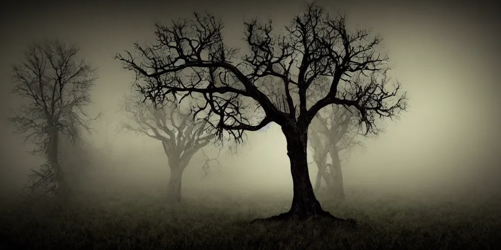 Prompt: fun strange darkness house, dead tree, inspired by Tim Burton, (by Tim Burton) dark forest background, mist, fog, volumetric lighting