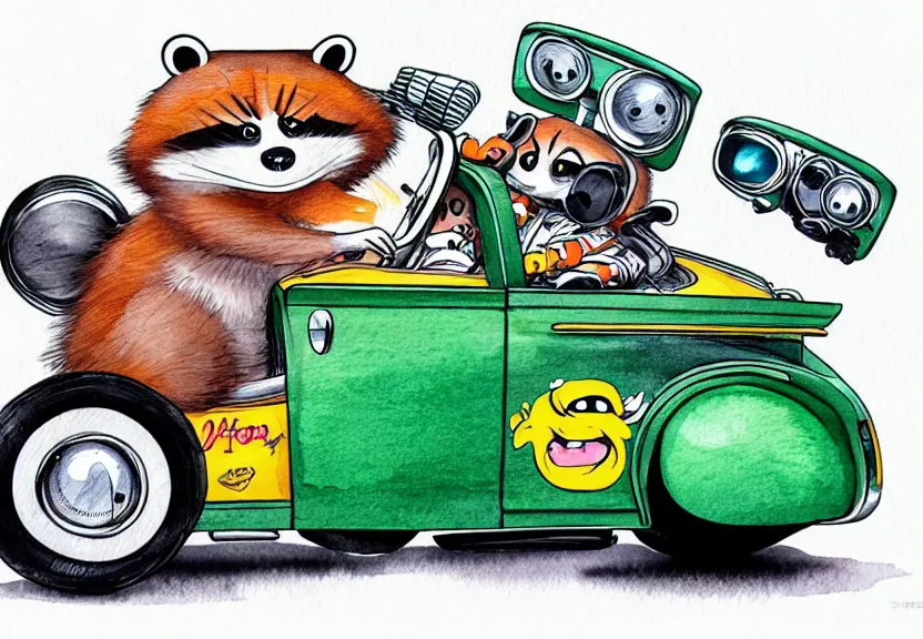 Image similar to cute and funny, racoon riding in a tiny hot rod coupe with oversized engine, ratfink style by ed roth, centered award winning watercolor pen illustration, isometric illustration by chihiro iwasaki, edited by range murata