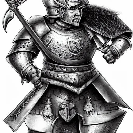 Image similar to donald trump wearing knights armor, donald trump holding one broadsword, by hans holdein, donald trumps highly detailed handsome face, two arms, two legs