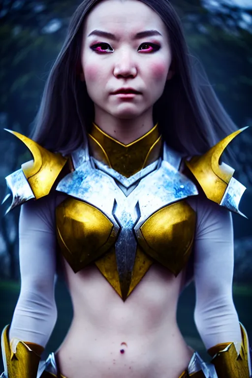 Prompt: sakimi chan, fantasy armor, detailed face, white skin, dramatic lighting, edward robert hughes, unreal engine, wind, lightning