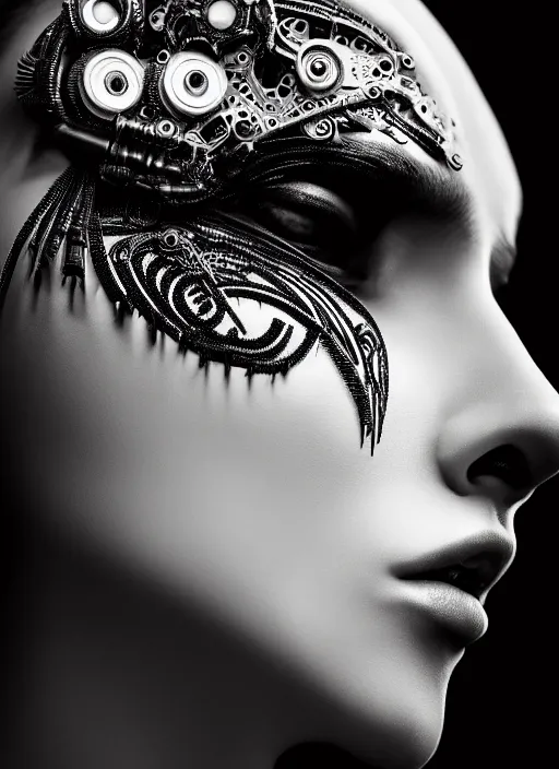 Image similar to a stunning young female crow mixed cyborg profile face, face is made intricate tribal bio - mechanical, editorial photography, bw, shot on 7 0 mm, depth of field, f / 2. 8, high contrast, 1 6 k, volumetric lighting, shiny, insanely detailed and intricate, hypermaximalist, elegant, ornate, hyper realistic, super detailed