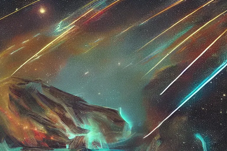 Image similar to an impression of data lines flowing in space, light spots flowing alongside the lines, implying the flow of ever long connection, trending on artstation, flowing within an interstater clouts!, making it's way across the vast universe, by cyril rolando, a person!!!!!!!!!