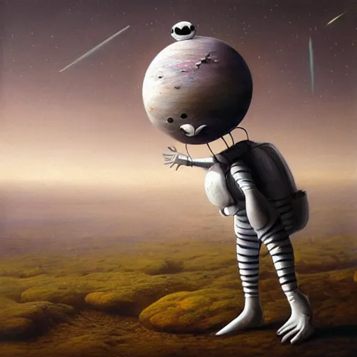 Image similar to michal karcz surrealism Pastel painting of the end of an astronaut happy in the galaxy. , in the style of jack skellington, in the style of a clown, loony toons style, horror theme, detailed, elegant, intricate, 4k, Renaissance painting