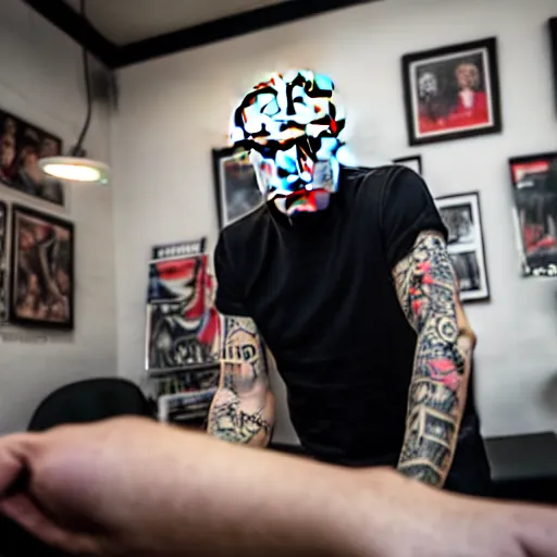 Image similar to putin at a tattoo shop. getting a tattoo of the letter z on his chest. canon eos r 3, f / 1. 4, iso 2 0 0, 1 / 1 6 0 s, 8 k, raw.