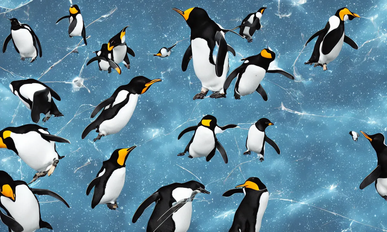 Prompt: penguins ripping space, rocks and scissors and interconnected high speed rails, digital art, 3 d illustration, transparent backround