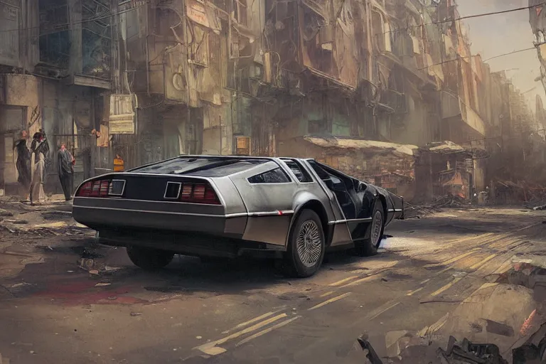 Image similar to photograph of the delorean driving down the streets of a cyberpunk abandoned city, by greg rutkowski, by stanley artgerm, by alphonse mucha