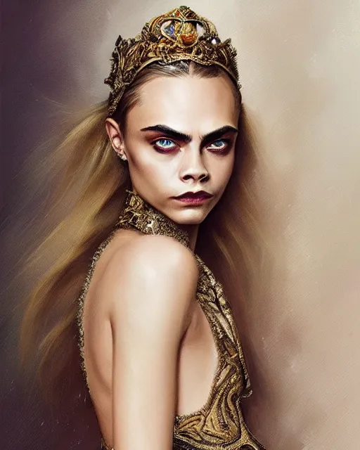 Prompt: portrait of cara delevingne wearing beautiful haute couture by Alexander McQueen, intricate, elegant, highly detailed, digital painting, artstation, concept art, smooth, sharp focus, illustration, art by artgerm and greg rutkowski and alphonse mucha