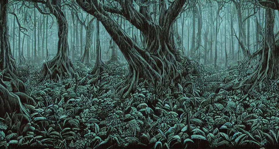 Image similar to A dense and dark enchanted forest with a swamp, by Dan mumford,