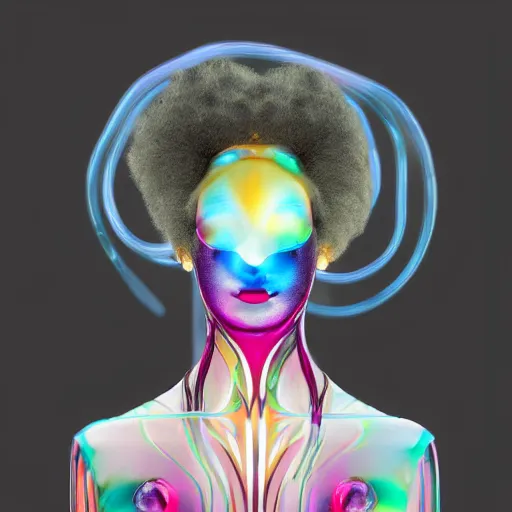 Prompt: Vass Roland cover art body art electronic ballerina arms up softcore hand holistic afro animal machine cables android gen behind head pose future bass girl unwrapped dress smooth body unfolds statue bust curls of hair petite lush front and side view body photography model full body curly jellyfish lips art contrast vibrant futuristic fabric skin jellyfish material metal veins style of Jonathan Zawada, Thisset colours simple background objective
