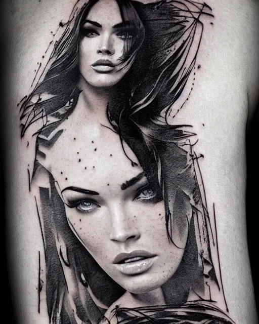 Image similar to double exposure effect tattoo design sketch of megan fox with amazing mountain scenery, realism tattoo, in the style of den yakovlev, amazing detail, sharp