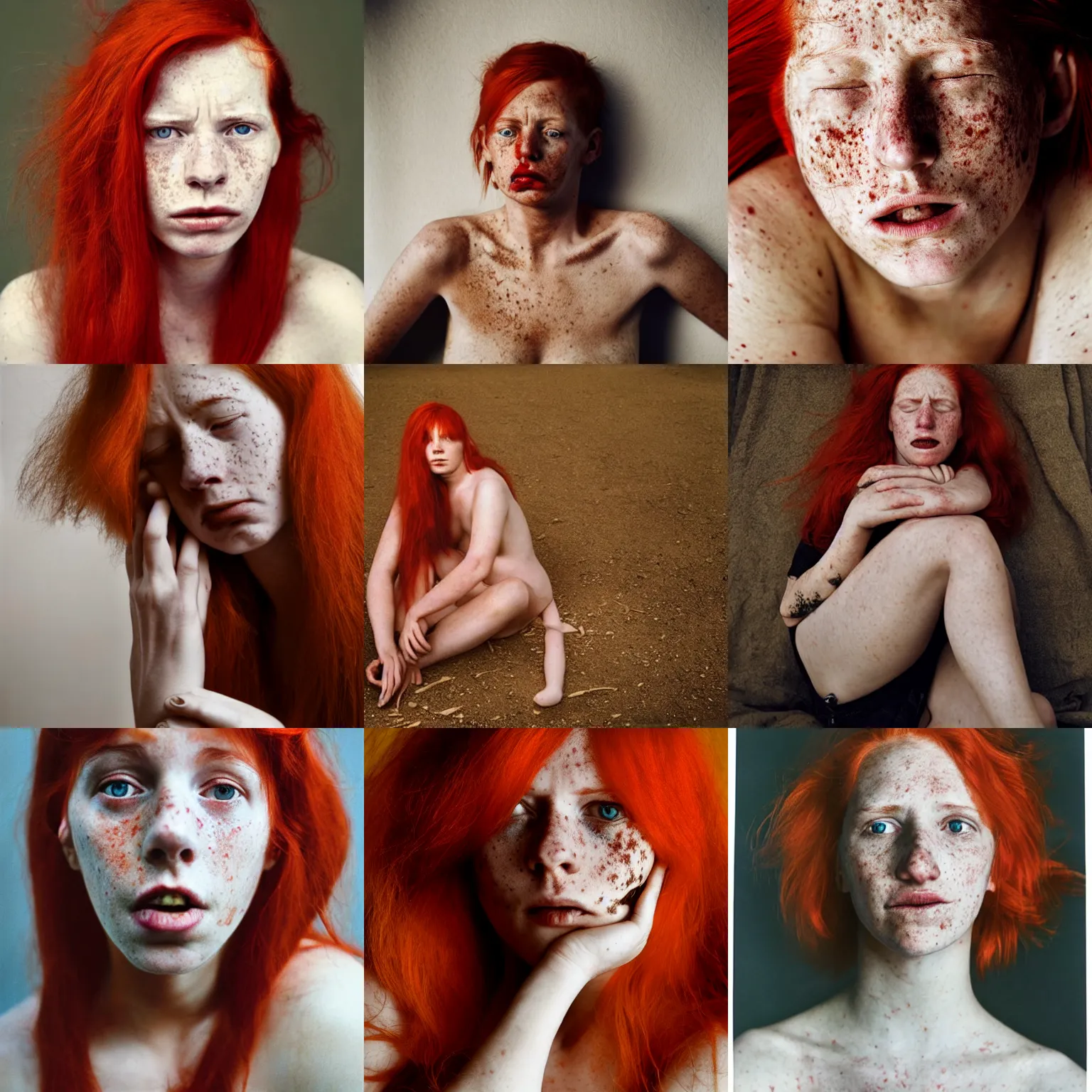 Prompt: photograph of a twenty year old woman in pain by annie leibovitz, red hair, freckles