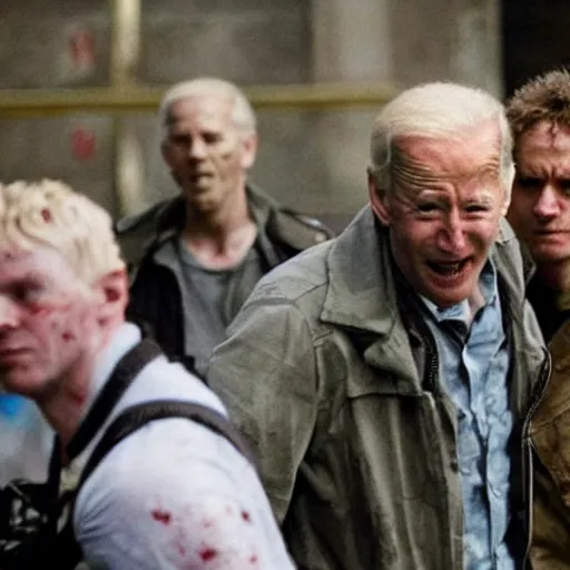 Image similar to a still shot from the movie 28 days later, with infected Joe Biden and Ethan Van Sciver zombies