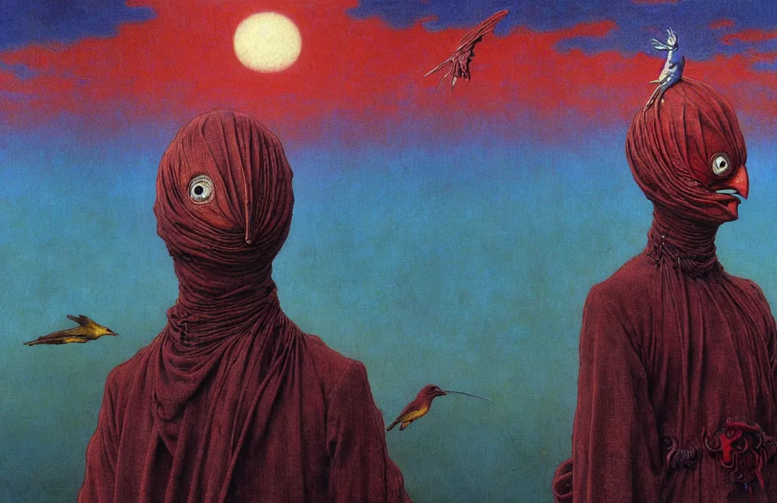 Image similar to realistic detailed portrait movie shot of a birdman wearing dark ragged robes, sci fi city sunset landscape background by denis villeneuve, amano, yves tanguy, alphonse mucha, ernst haeckel, max ernst, roger dean, masterpiece, rich moody colours, bird head, blue eyes