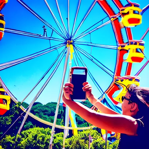 Prompt: A high-quality photo of a monkey taking a selfie on a ferris wheel on a sunny day, high saturation