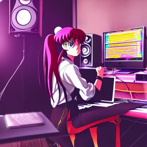 Prompt: An anime character working in their music studio. 90s anime, Sailor Moon, Neon Genesis, official art, flat cell shading, fantastic screenshot art, trending on artstation