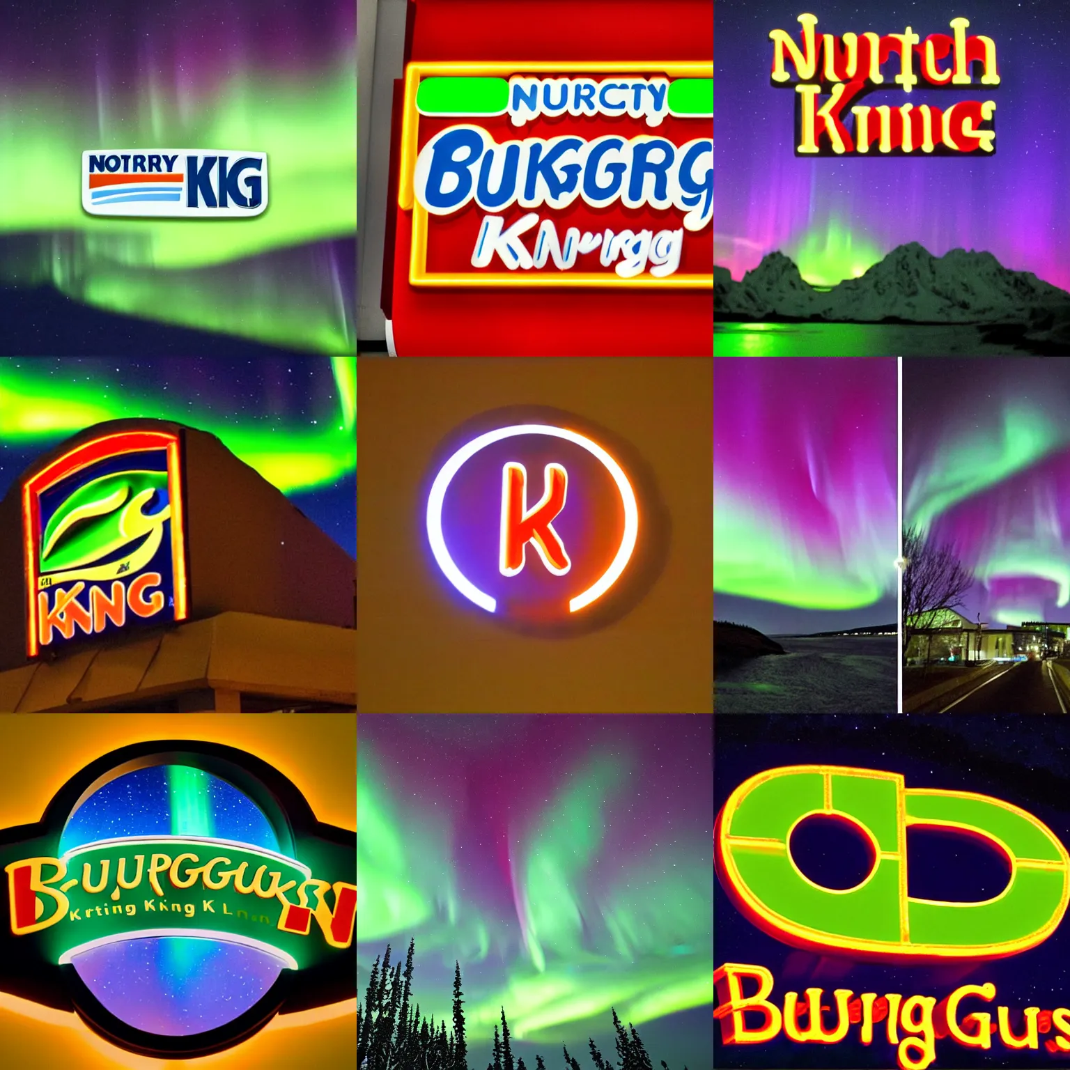 Prompt: northern lights forming the burger king logo