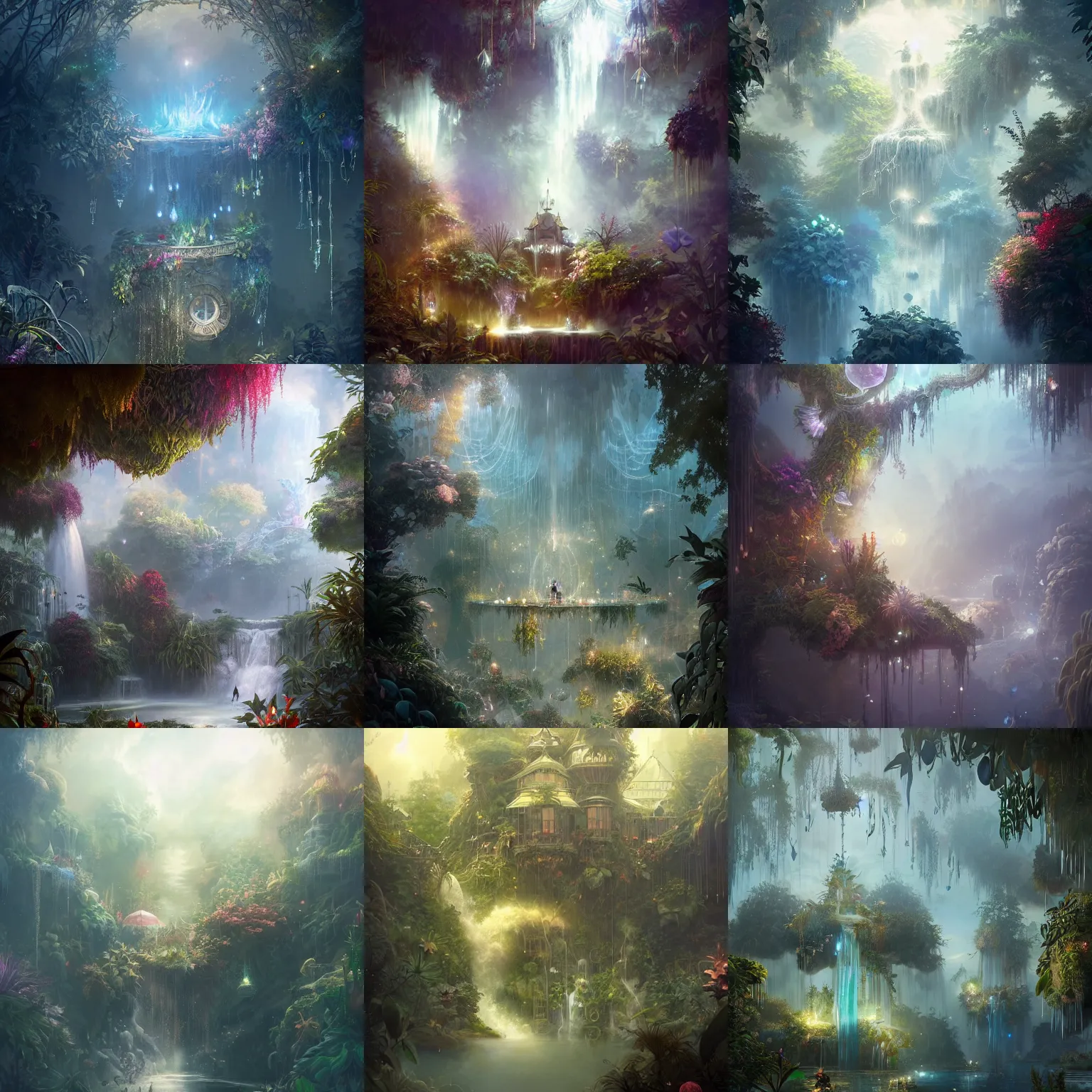 Prompt: beautiful floating victorian botanical garden in the sky, water flowing from bottom of clouds, crystals, hanging plants, light dust, by peter mohrbacher dan mumford craig mullins nekro, cgsociety, pixiv, volumetric light, 3 d render