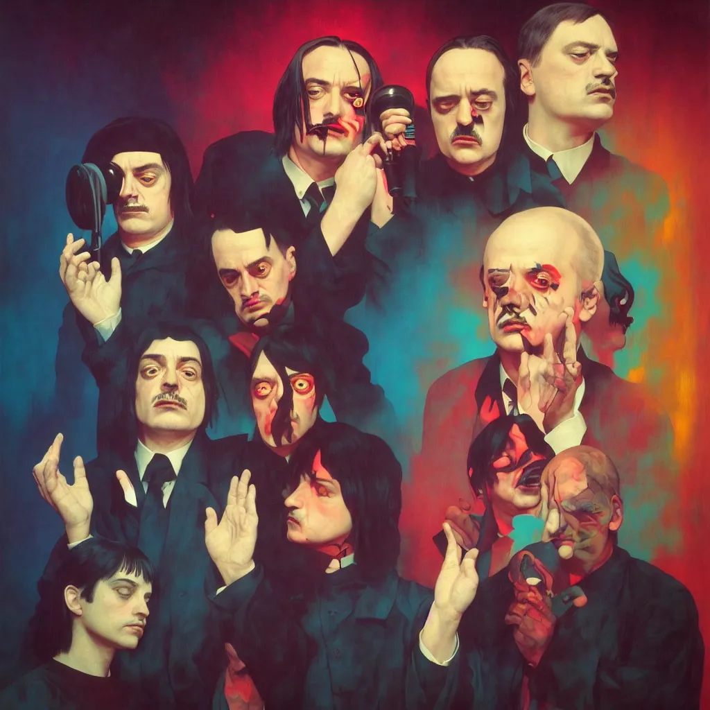 Image similar to weird and disturbing portrait of mike patton and syd barret and hitler singing, vivid colors, death, neon, art by ( ( ( kuvshinov ilya ) ) ) and wayne barlowe and francis bacon and artgerm and wlop and william - adolphe bouguereau
