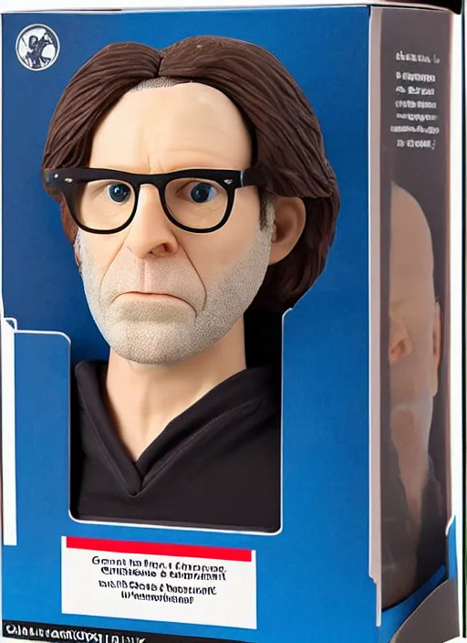 Prompt: black series action figure of charlie kaufman with glasses wearing blue t shirt, still in package, pristine, highly detailed toy