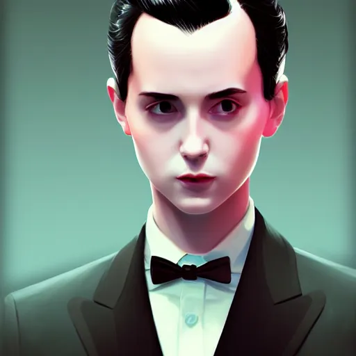 Image similar to young in black tuxedo, scornful, disdainful, muted colors, matte print, pastel colors, 2d, ultra highly detailed, smooth, sharp focus, digital art, digital painting, fan art, elegant, artstation, head is centered, by Ilya Kuvshinov