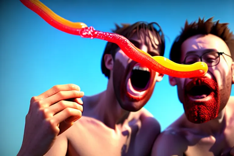 Prompt: two men eating one big gummy worm, rtx, sunlight, many details, octane render, high quality, 8 k