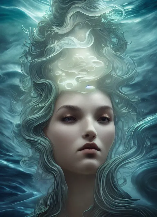 Image similar to a dreamy moody underwater photographic portrait of a anthropomorphic bioluminescent liquid wave, dramatic volumetric lighting, fantasy, intricate, elegant, highly detailed, digital painting, artstation, concept art, smooth, sharp focus, illustration, art by artgerm and h r giger and alphonse mucha