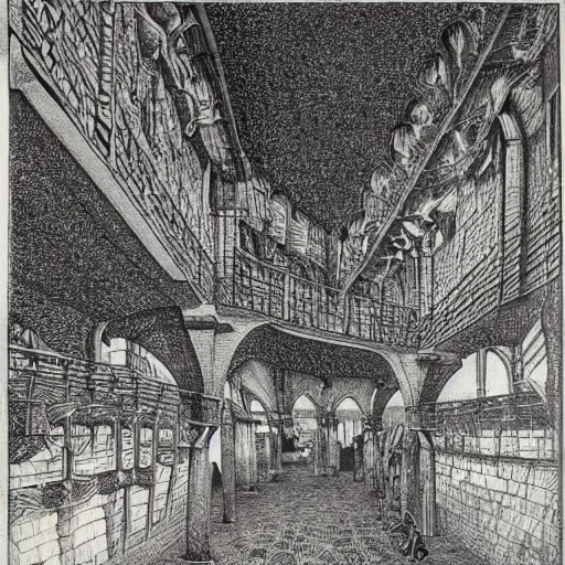 Prompt: insane etching by Mauritius Escher, highly detailed